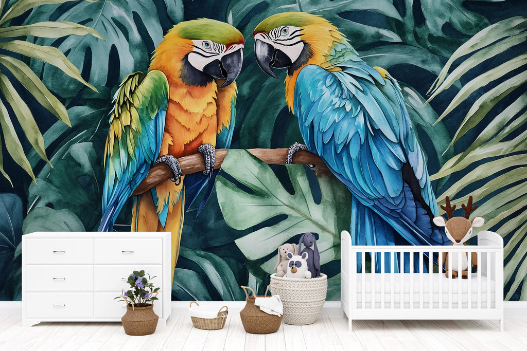 Tropical Parrot Duo Jungle Wallpaper – Vibrant Macaw Bird Wall Mural with Palm Leaves – Bold 3D Stylish Wall Decor Gift for Nursery