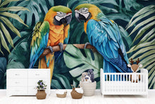 Load image into Gallery viewer, Tropical Parrot Duo Jungle Wallpaper – Vibrant Macaw Bird Wall Mural with Palm Leaves – Bold 3D Stylish Wall Decor Gift for Nursery