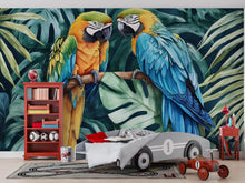 Load image into Gallery viewer, Tropical Parrot Duo Jungle Wallpaper – Vibrant Macaw Bird Wall Mural with Palm Leaves – Bold 3D Stylish Wall Decor Gift for Nursery