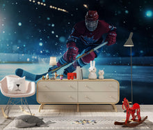 Load image into Gallery viewer, Hockey Player 3D Wallpaper Mural | Modern Sports Wall Decor for Bedroom, Kids Room, Game Room | Bold Ice Hockey Wall Art Gift for Athletes