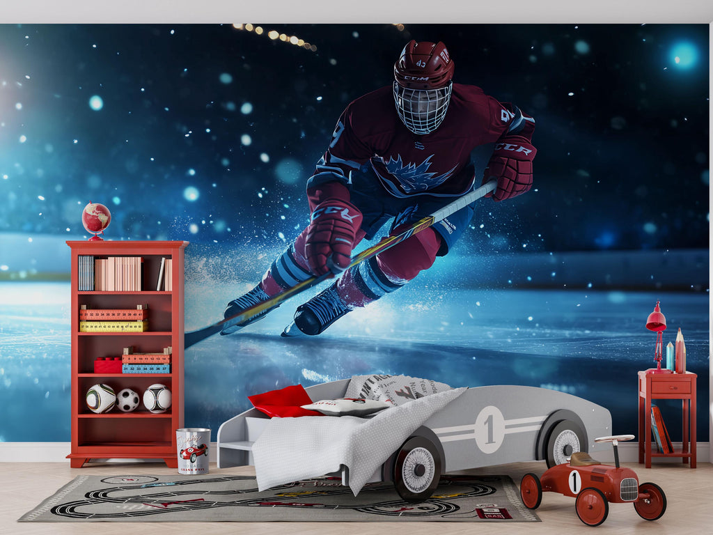 Hockey Player 3D Wallpaper Mural | Modern Sports Wall Decor for Bedroom, Kids Room, Game Room | Bold Ice Hockey Wall Art Gift for Athletes