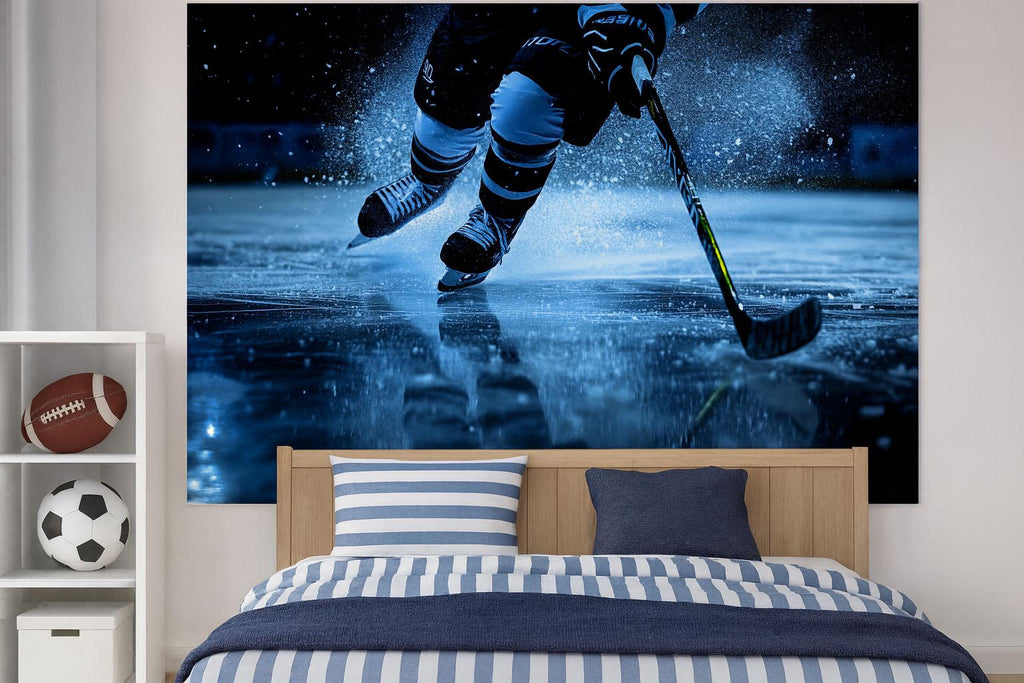 Hockey Wall Mural 3D Wallpaper | Ice Hockey Player Wall Art | Boys Room Sports Decor | Modern Bold Wall Decoration | Gift For Athletes