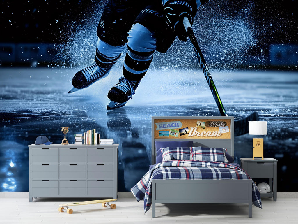 Hockey Wall Mural 3D Wallpaper | Ice Hockey Player Wall Art | Boys Room Sports Decor | Modern Bold Wall Decoration | Gift For Athletes