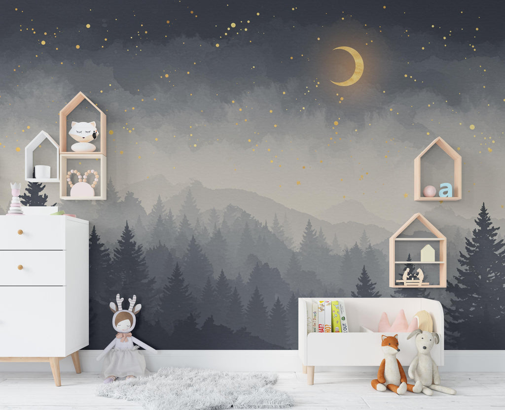 Starry Night Forest Wallpaper – Luxury Watercolor Moon and Stars Mural, Enchanted Kids Room or Nursery Wall Art 887RS