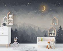 Load image into Gallery viewer, Starry Night Forest Wallpaper – Luxury Watercolor Moon and Stars Mural, Enchanted Kids Room or Nursery Wall Art 887RS