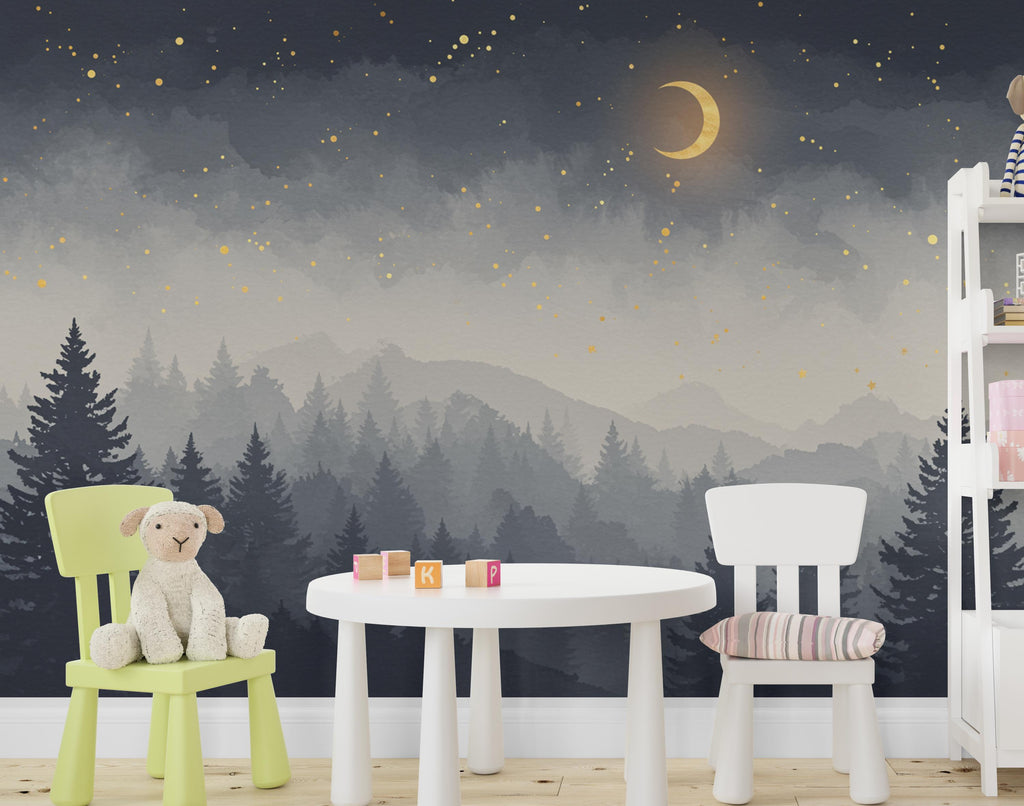 Starry Night Forest Wallpaper – Luxury Watercolor Moon and Stars Mural, Enchanted Kids Room or Nursery Wall Art 887RS