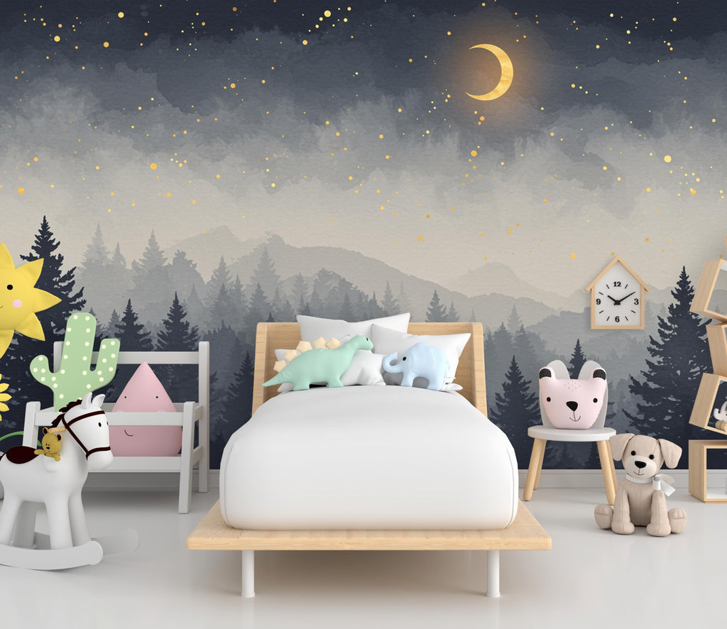 Starry Night Forest Wallpaper – Luxury Watercolor Moon and Stars Mural, Enchanted Kids Room or Nursery Wall Art 887RS