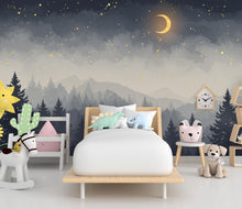 Load image into Gallery viewer, Starry Night Forest Wallpaper – Luxury Watercolor Moon and Stars Mural, Enchanted Kids Room or Nursery Wall Art 887RS