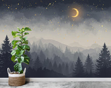 Load image into Gallery viewer, Starry Night Forest Wallpaper – Luxury Watercolor Moon and Stars Mural, Enchanted Kids Room or Nursery Wall Art 887RS