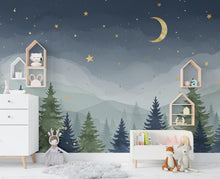 Load image into Gallery viewer, Starry Night Forest Wallpaper – Luxury Watercolor Moon and Stars Mural, Enchanted Kids Room or Nursery Wall Art 888RS