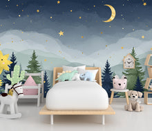Load image into Gallery viewer, Starry Night Forest Wallpaper – Luxury Watercolor Moon and Stars Mural, Enchanted Kids Room or Nursery Wall Art 888RS