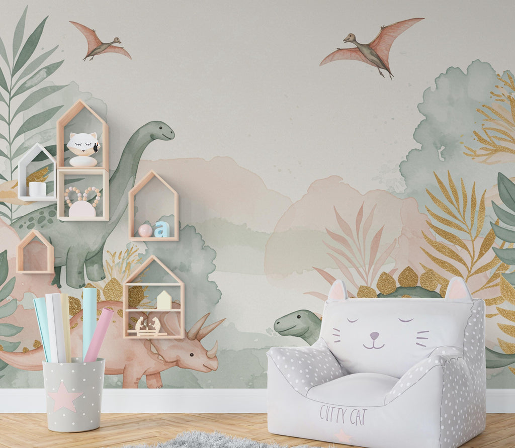 Watercolor Dinosaur Forest Wall Mural – Enchanted Prehistoric Jungle Wallpaper with Moon, Stars Dinosaurs for Kids Room or Nursery 890RS