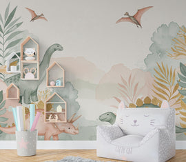 Watercolor Dinosaur Forest Wall Mural – Enchanted Prehistoric Jungle Wallpaper with Moon, Stars Dinosaurs for Kids Room or Nursery 890RS