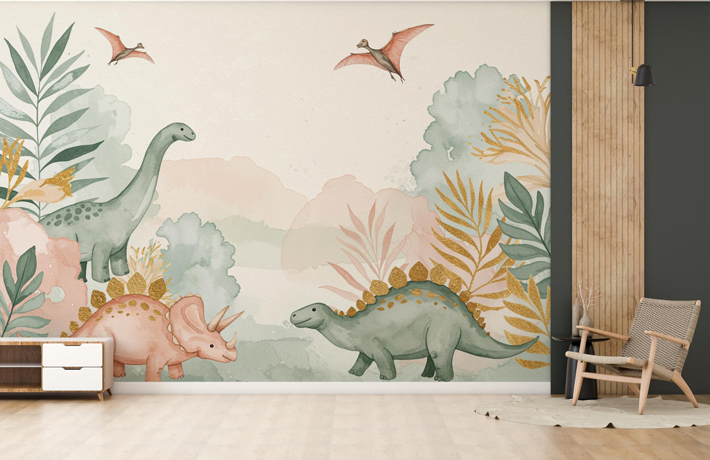 Watercolor Dinosaur Forest Wall Mural – Enchanted Prehistoric Jungle Wallpaper with Moon, Stars Dinosaurs for Kids Room or Nursery 890RS