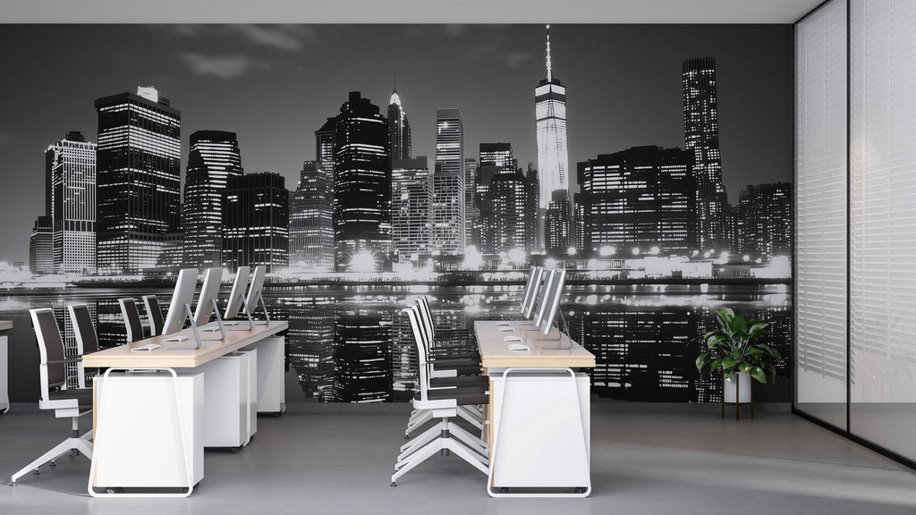 New York City Skyline Wallpaper Black And White Office Wall Mural Modern Cityscape Night View Removable Peel And Stick Large Wall Decor