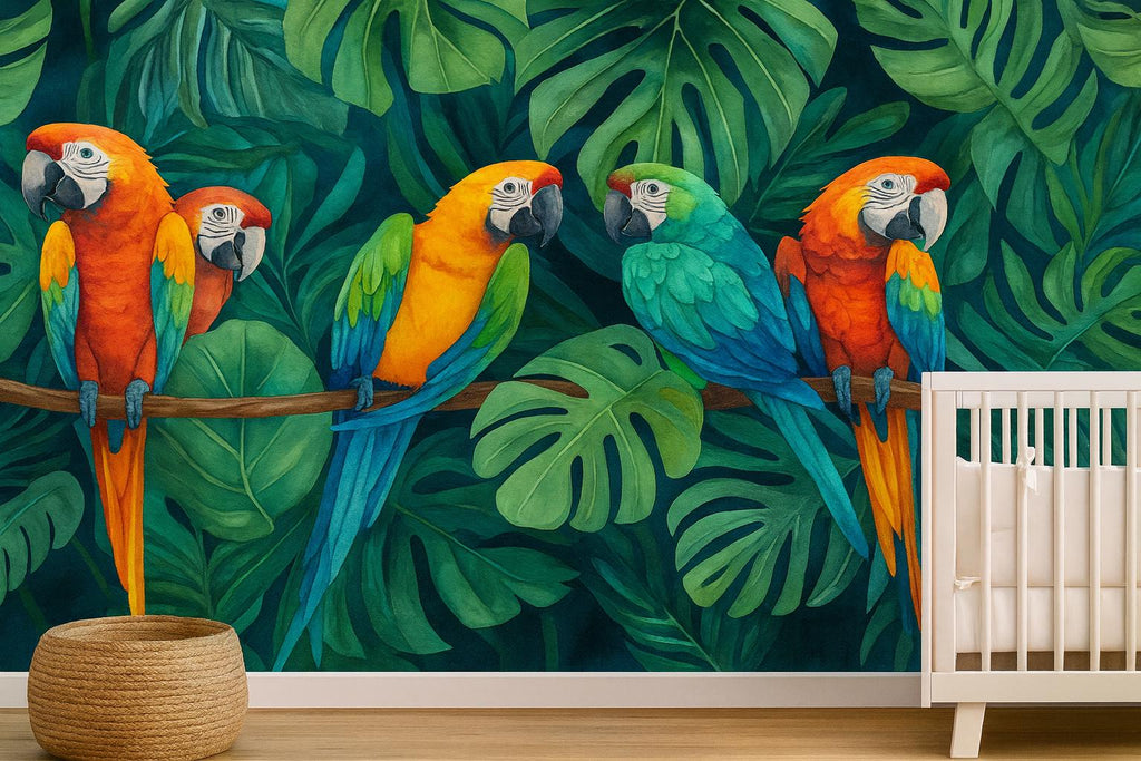 Colorful Parrot Jungle Wallpaper – Tropical Macaw Bird Wall Mural with Palm Leaves – Bold 3D Stylish Wall Decor Gift for Nursery