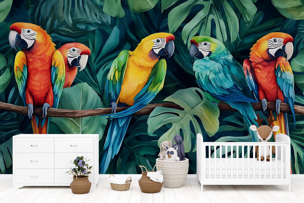 Colorful Parrot Jungle Wallpaper – Tropical Macaw Bird Wall Mural with Palm Leaves – Bold 3D Stylish Wall Decor Gift for Nursery