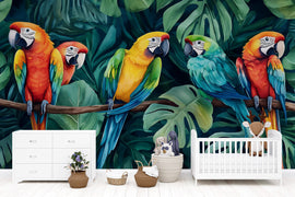 Colorful Parrot Jungle Wallpaper – Tropical Macaw Bird Wall Mural with Palm Leaves – Bold 3D Stylish Wall Decor Gift for Nursery