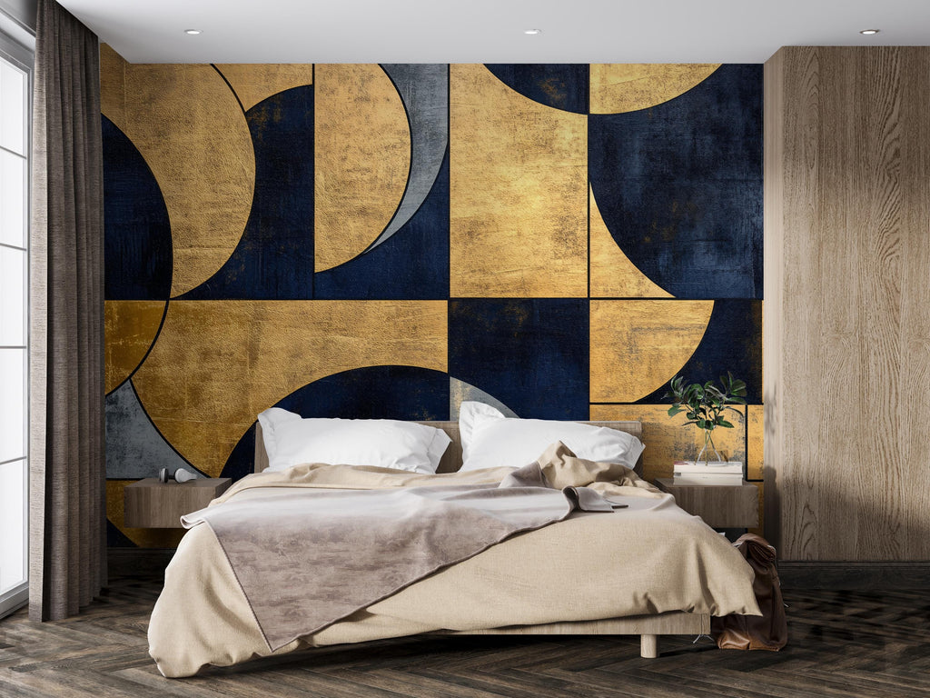 Luxury Geometric Gold and Navy Wallpaper – Modern Art Deco 3D Wall Mural Bold Stylish Bedroom Living Room Decor Elegant Gift Holiday