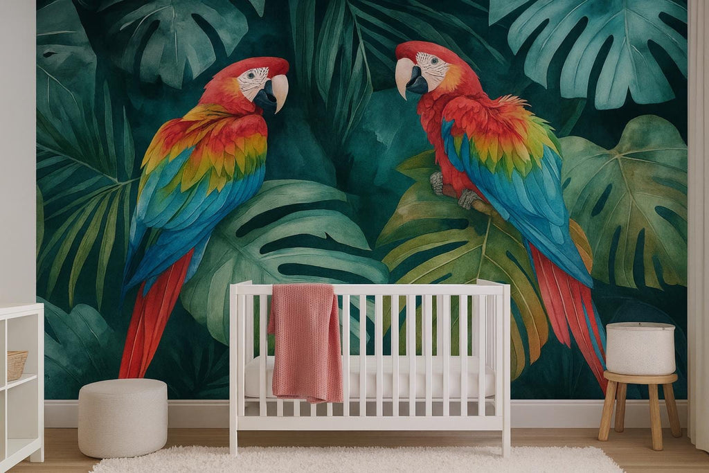 Tropical Parrot Jungle Wallpaper – Bold Colorful 3D Wall Mural Exotic Macaw Bird Nursery Kids Room Living Room Stylish Wall Décor Holiday