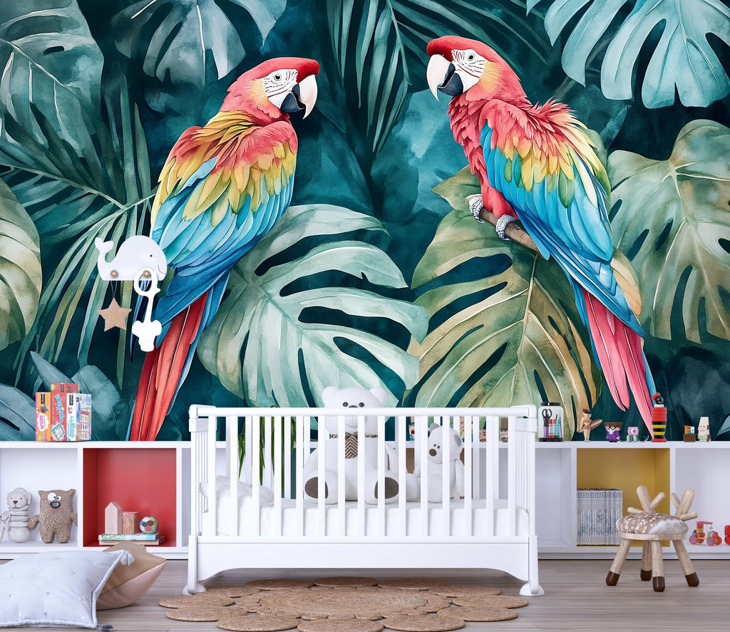 Tropical Parrot Jungle Wallpaper – Bold Colorful 3D Wall Mural Exotic Macaw Bird Nursery Kids Room Living Room Stylish Wall Décor Holiday