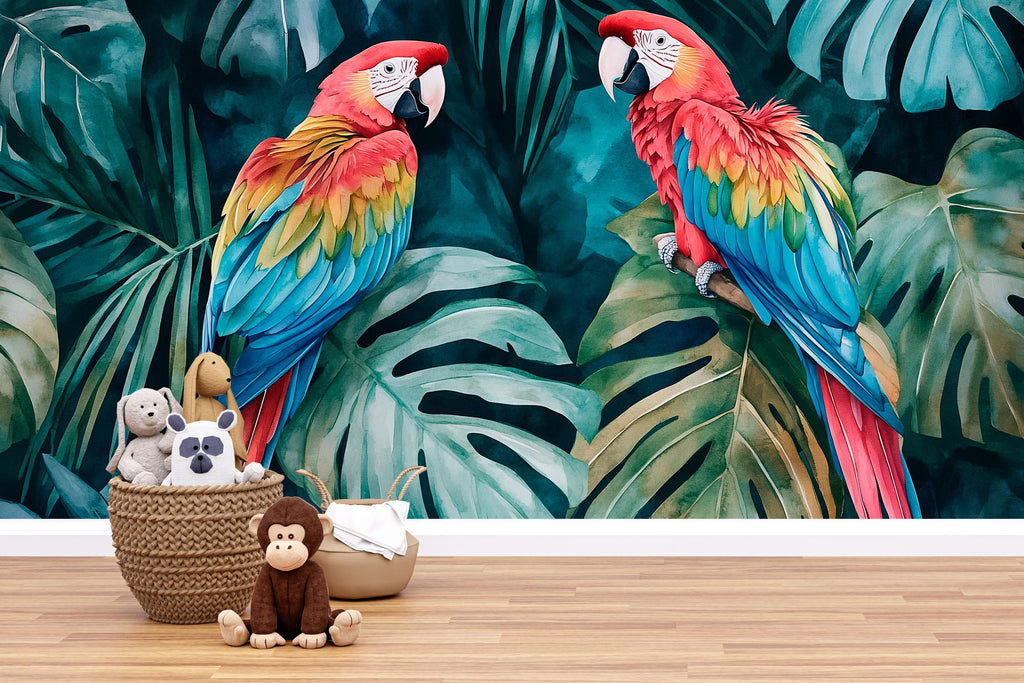 Tropical Parrot Jungle Wallpaper – Bold Colorful 3D Wall Mural Exotic Macaw Bird Nursery Kids Room Living Room Stylish Wall Décor Holiday