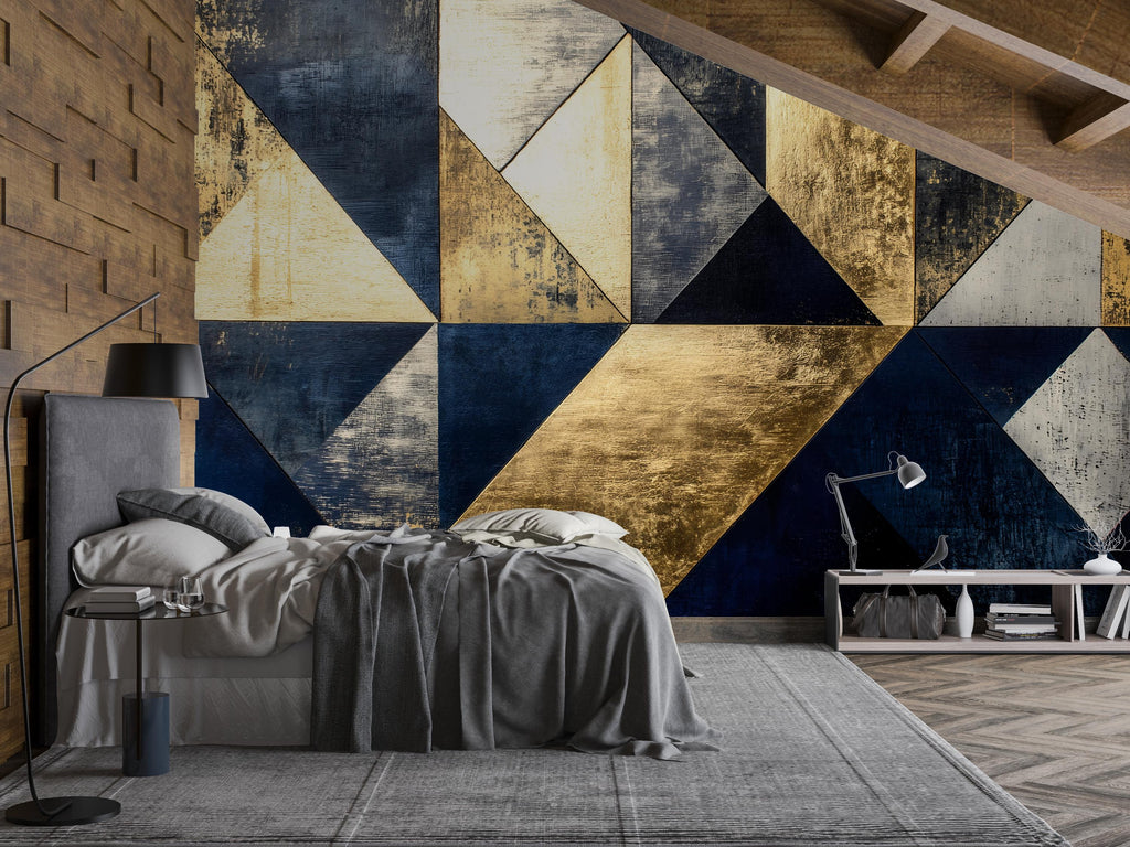 Navy Gold Geometric Wallpaper – Luxury Bold 3D Wall Mural Stylish Triangle Abstract Wall Décor for Living Room Bedroom Office Holiday