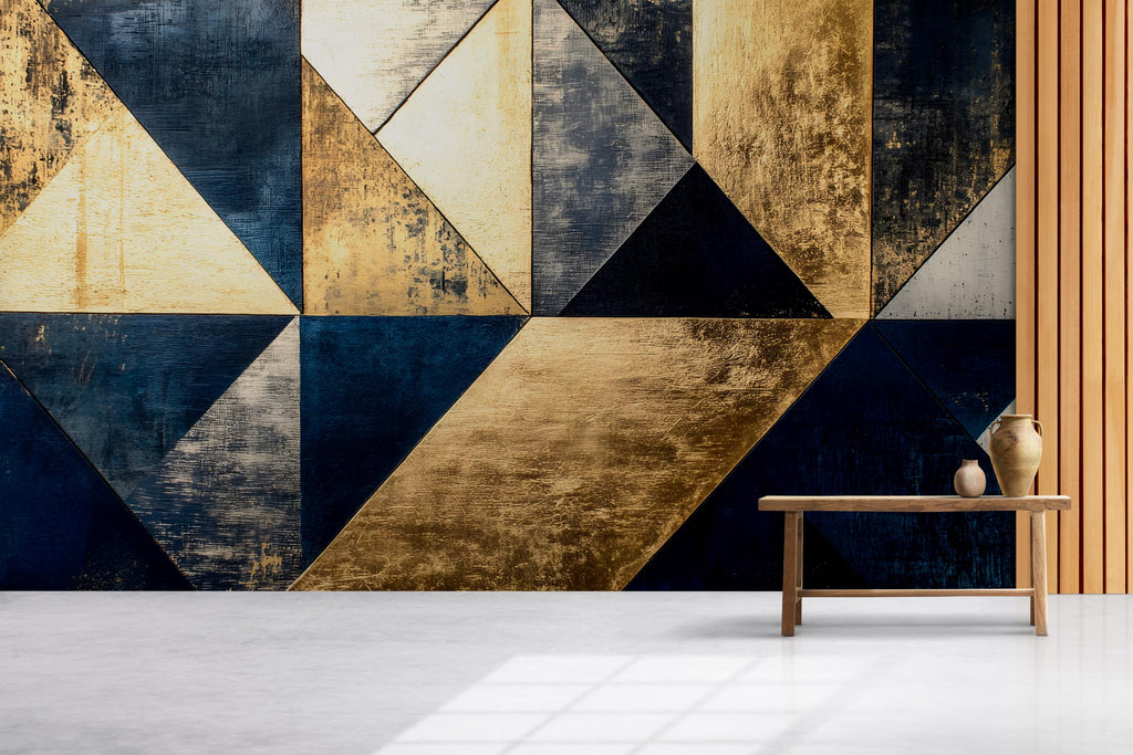 Navy Gold Geometric Wallpaper – Luxury Bold 3D Wall Mural Stylish Triangle Abstract Wall Décor for Living Room Bedroom Office Holiday