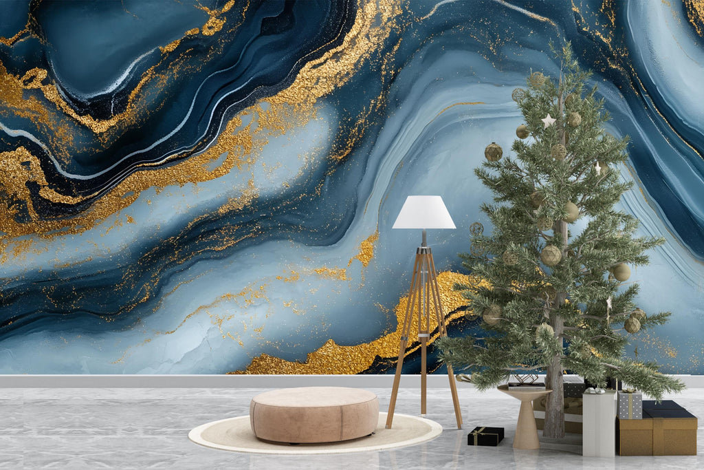 Blue Gold Marble Wallpaper – Luxury Abstract Swirl Wall Mural Modern 3D Stylish Wall Décor for Living Room Bedroom Office Holiday Gift