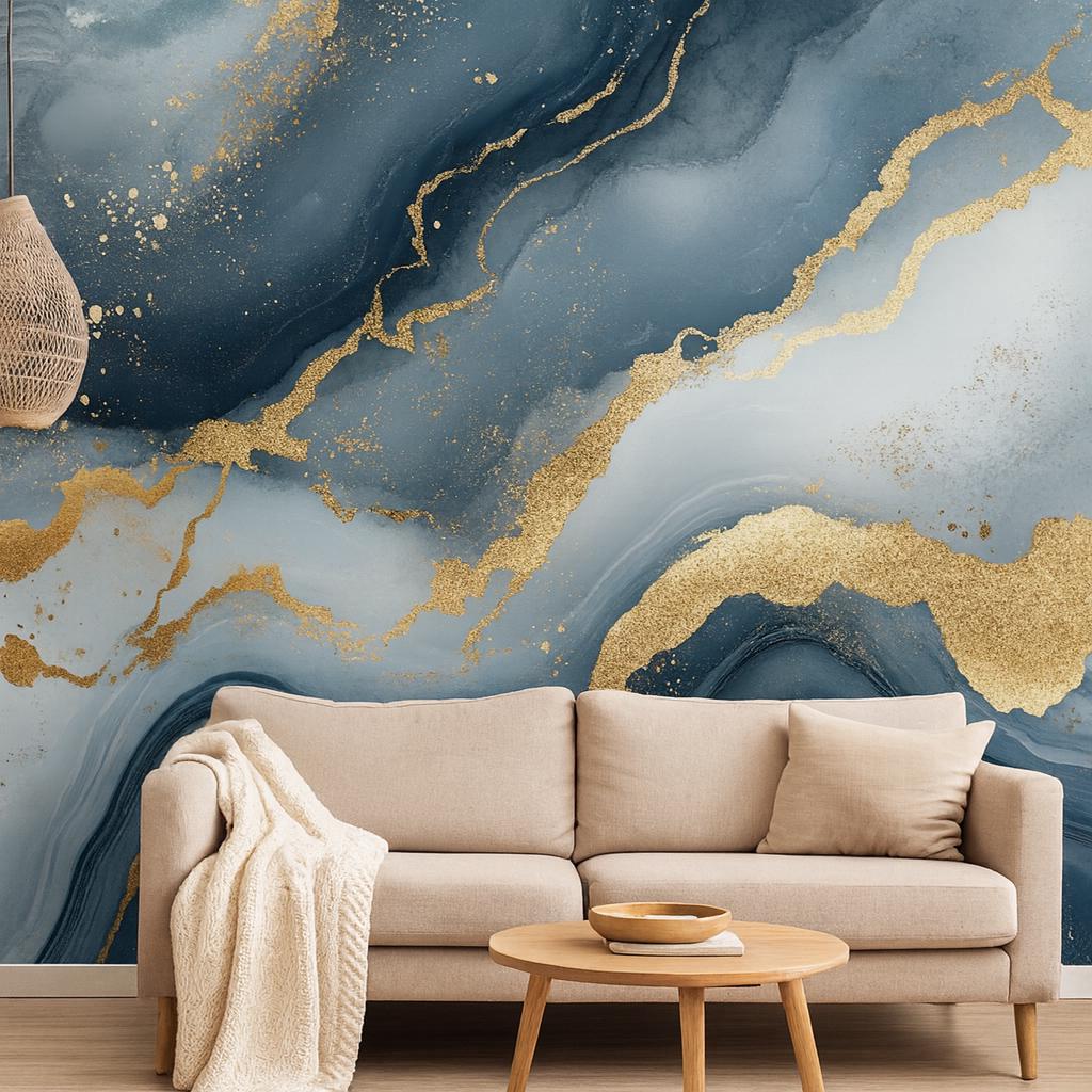 Blue Gold Marble Wallpaper – Luxury Abstract Wall Mural Stylish 3D Modern Wall Décor for Living Room Bedroom Office Gift Bold Holiday