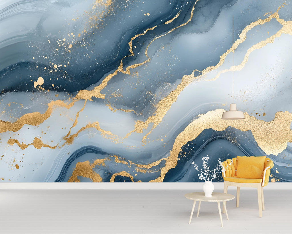 Blue Gold Marble Wallpaper – Luxury Abstract Wall Mural Stylish 3D Modern Wall Décor for Living Room Bedroom Office Gift Bold Holiday
