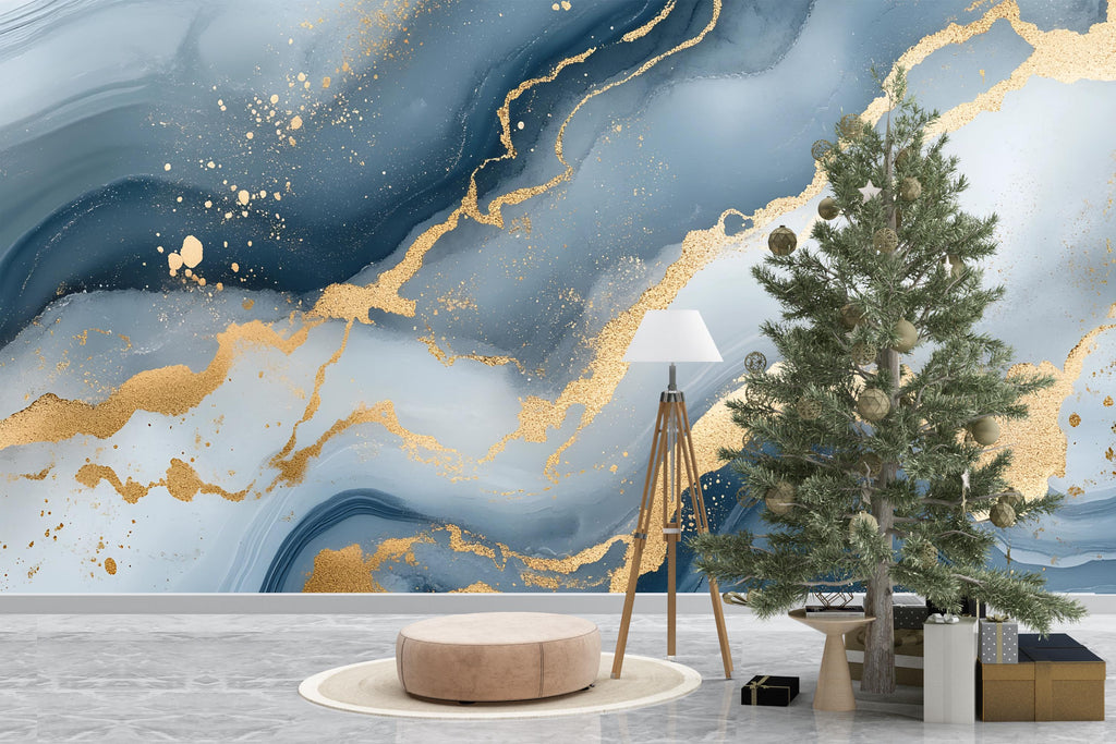 Blue Gold Marble Wallpaper – Luxury Abstract Wall Mural Stylish 3D Modern Wall Décor for Living Room Bedroom Office Gift Bold Holiday