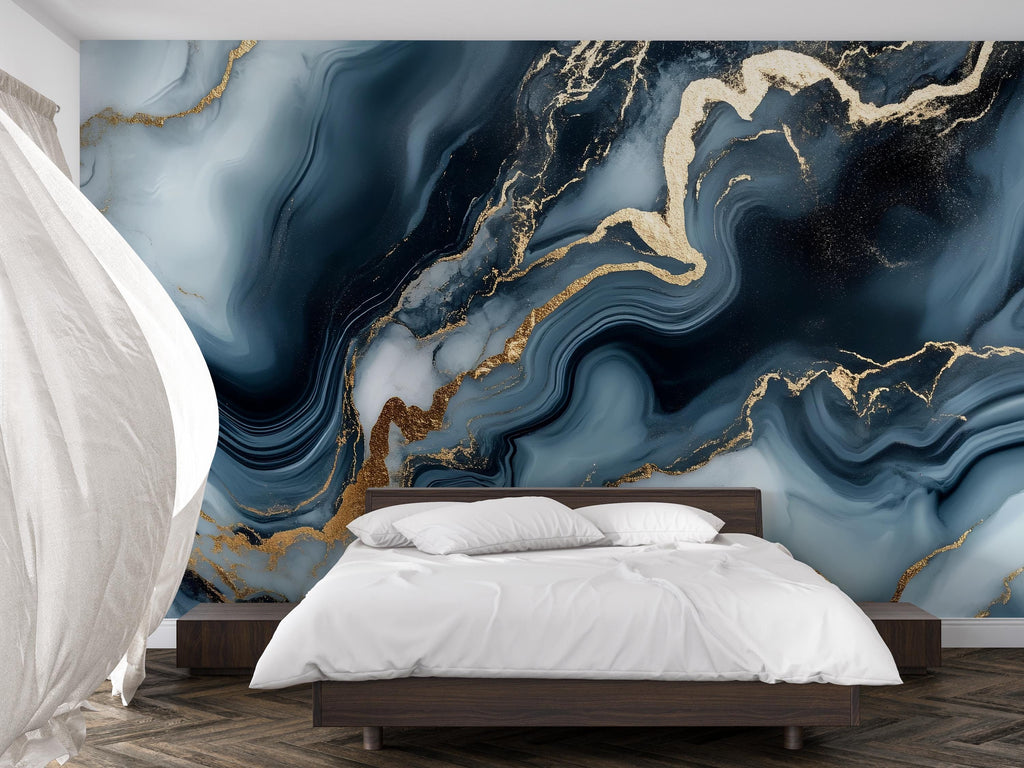 Blue Gold Marble Swirl Wallpaper – Luxury Abstract 3D Wall Mural Stylish Modern Bold Wall Décor for Bedroom Living Room Office Holiday Gift