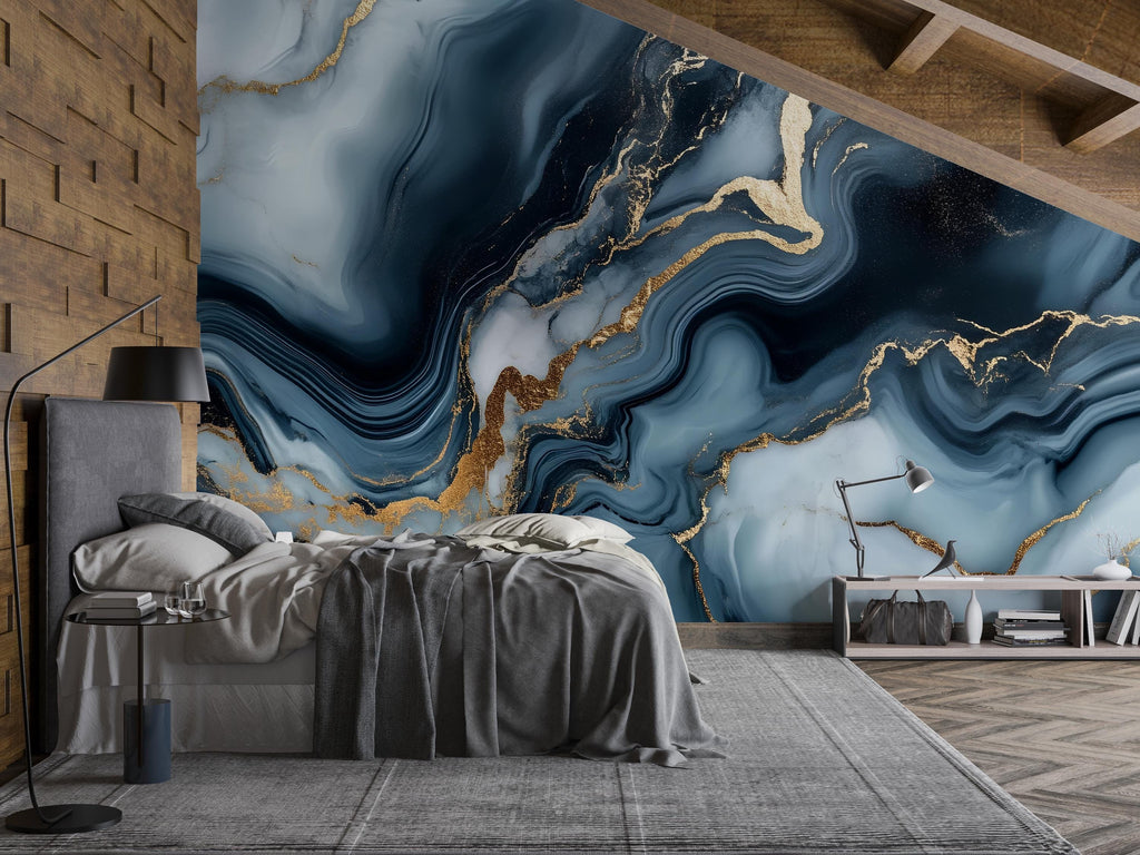 Blue Gold Marble Swirl Wallpaper – Luxury Abstract 3D Wall Mural Stylish Modern Bold Wall Décor for Bedroom Living Room Office Holiday Gift