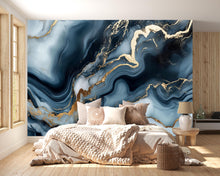 Load image into Gallery viewer, Blue Gold Marble Swirl Wallpaper – Luxury Abstract 3D Wall Mural Stylish Modern Bold Wall Décor for Bedroom Living Room Office Holiday Gift