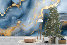 Load image into Gallery viewer, Blue Gold Marble Wallpaper – Elegant Luxury Abstract 3D Wall Mural Stylish Modern Bold Wall Décor for Living Room Bedroom Office Holiday
