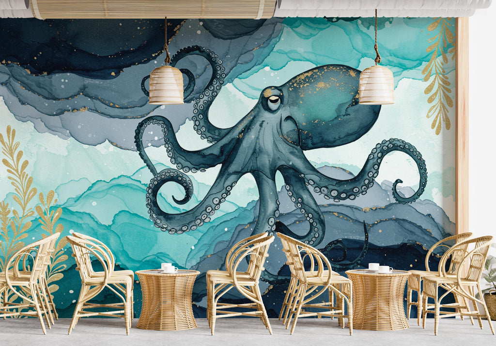 Octopus Fish Restaurant Watercolor Wall Mural – Octopus wall decor Oceal wall decal, Restaurant wall art Kids Room or Nursery 892RS