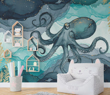 Load image into Gallery viewer, Octopus Fish Restaurant Watercolor Wall Mural – Octopus wall decor Oceal wall decal, Restaurant wall art Kids Room or Nursery 892RS