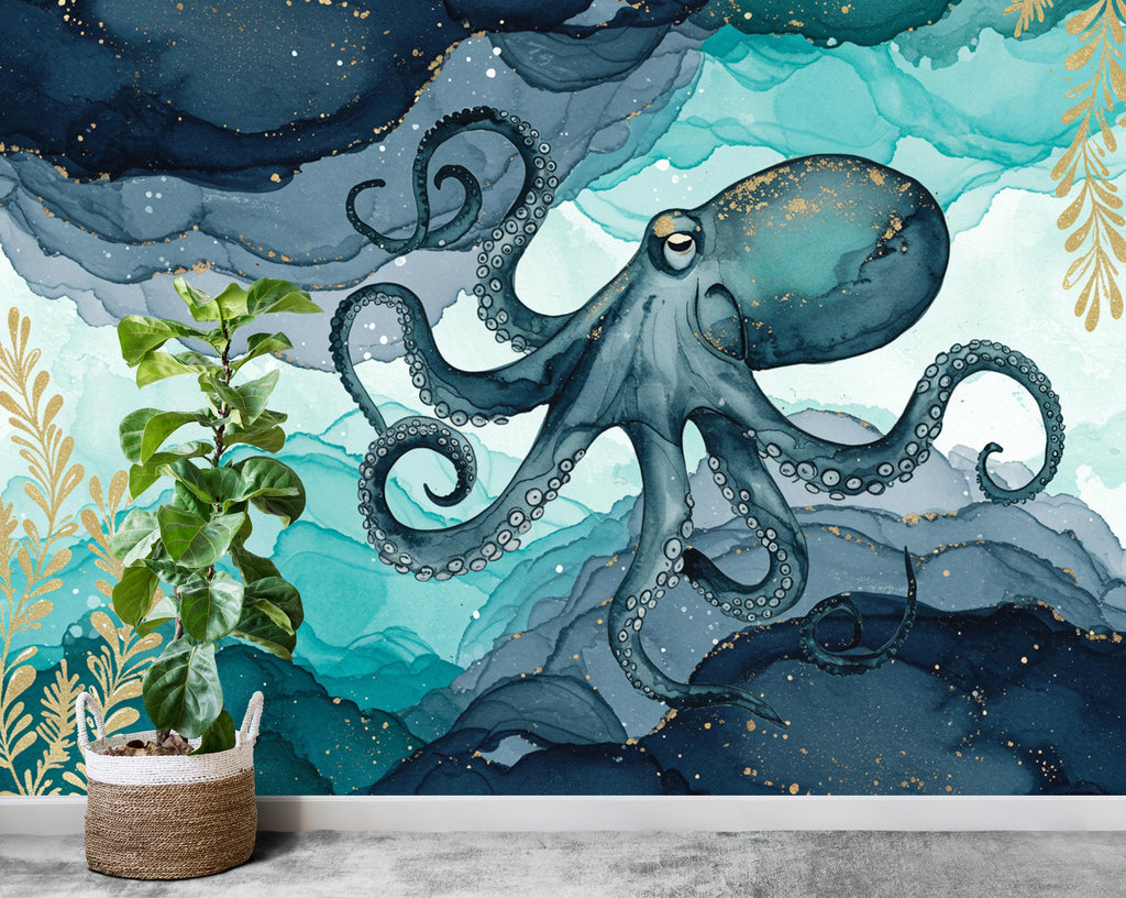 Octopus Fish Restaurant Watercolor Wall Mural – Octopus wall decor Oceal wall decal, Restaurant wall art Kids Room or Nursery 892RS