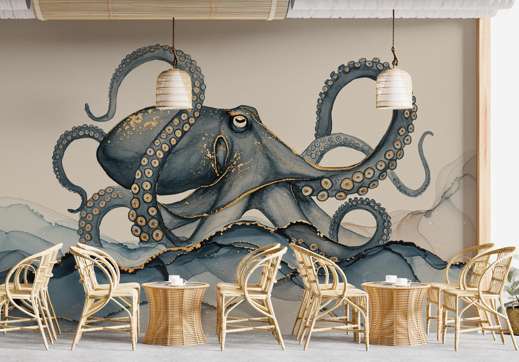 Octopus Fish Restaurant Watercolor Wall Mural – Octopus wall decor Oceal wall decal, Restaurant wall art Kids Room or Nursery 893RS