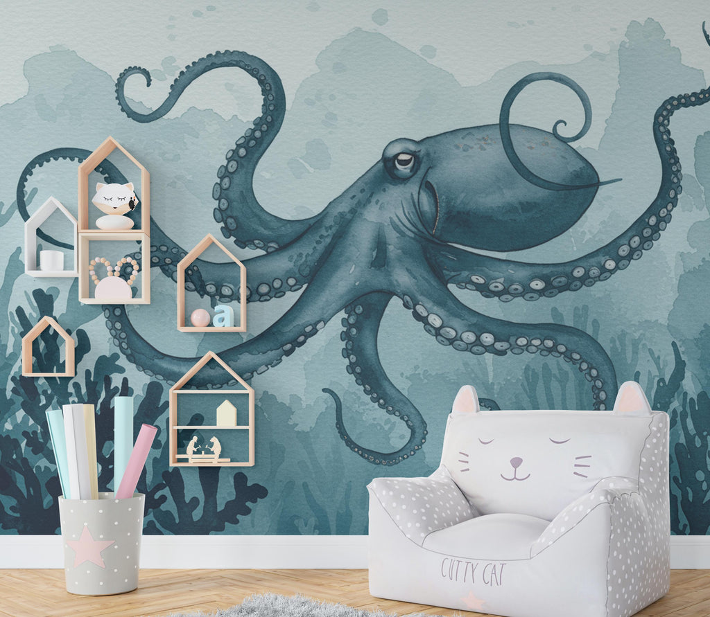 Octopus Fish Restaurant Watercolor Wall Mural – Octopus wall decor Oceal wall decal, Restaurant wall art Kids Room or Nursery 894RS