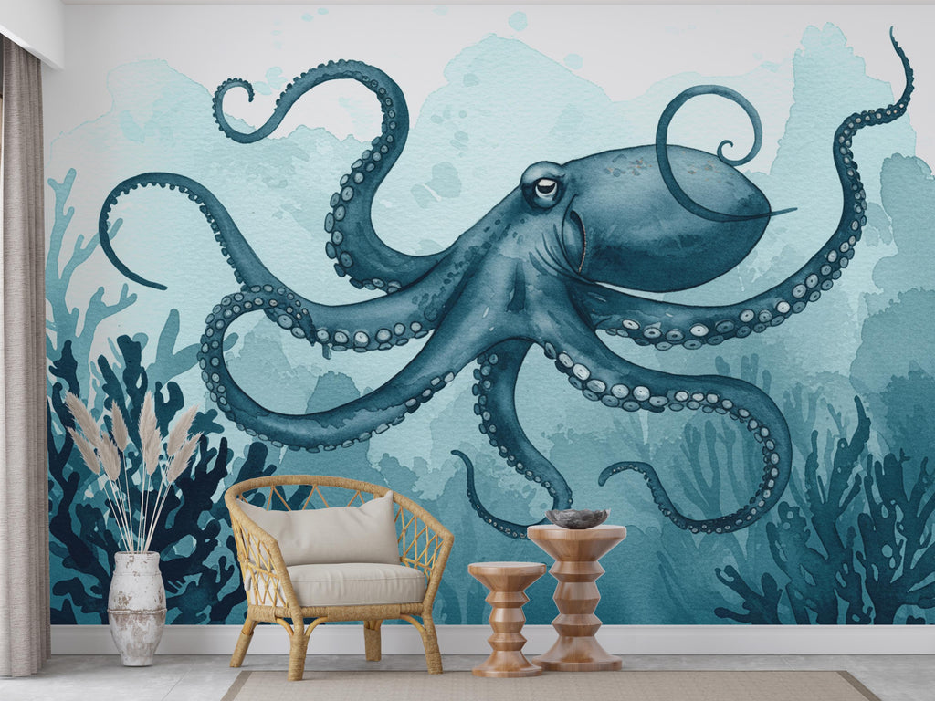 Octopus Fish Restaurant Watercolor Wall Mural – Octopus wall decor Oceal wall decal, Restaurant wall art Kids Room or Nursery 894RS