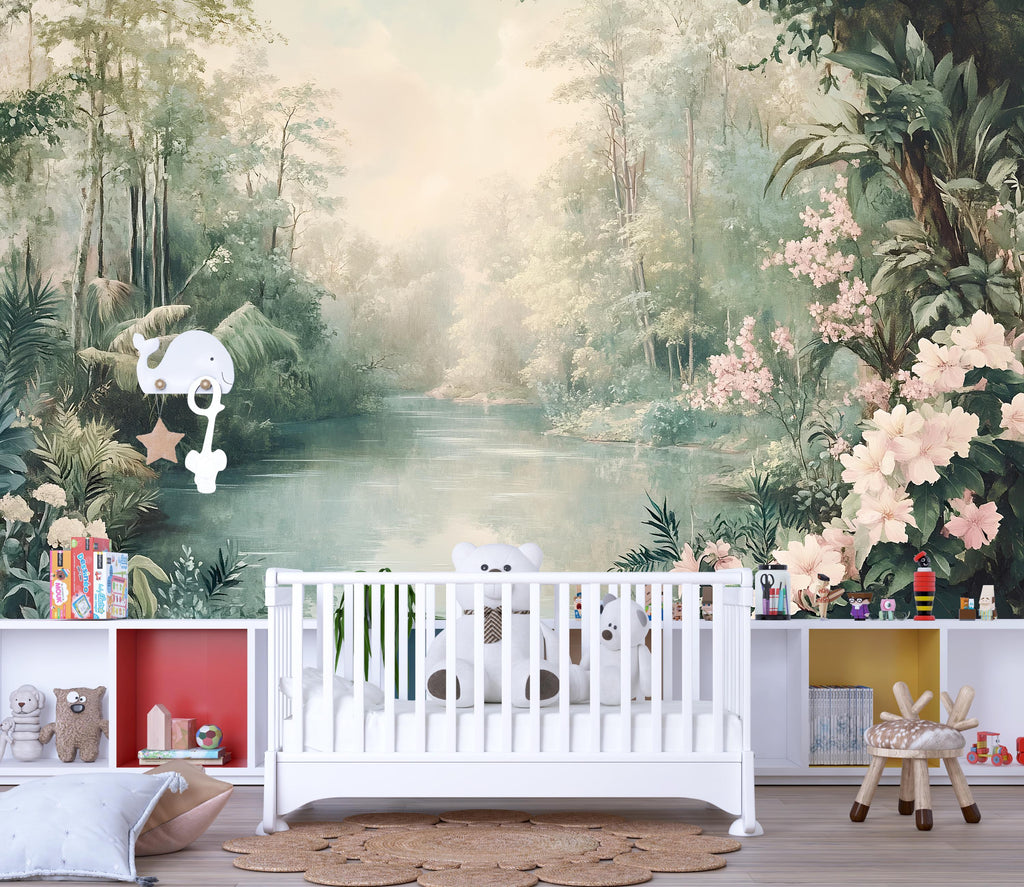 Forest River Wallpaper – Dreamy Nature Wall Mural with Flowers Jungle Landscape for Nursery Kids Room Living Room Stylish Bold 3D Wall Décor