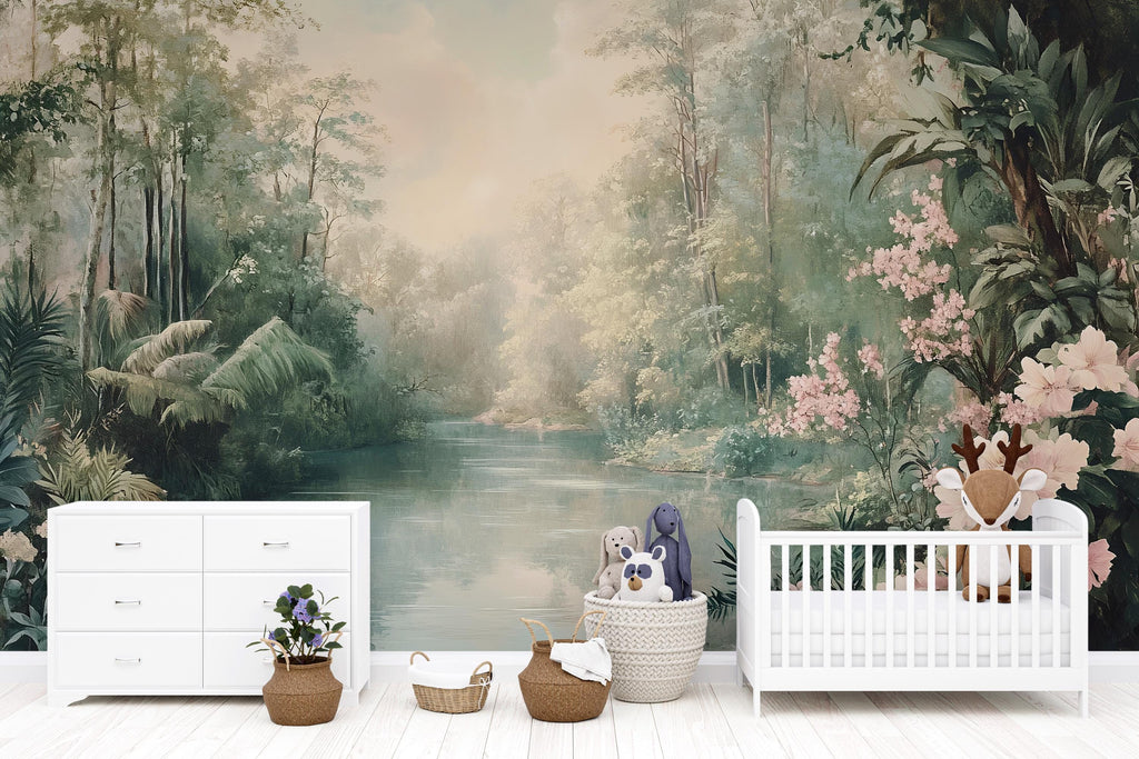 Forest River Wallpaper – Dreamy Nature Wall Mural with Flowers Jungle Landscape for Nursery Kids Room Living Room Stylish Bold 3D Wall Décor