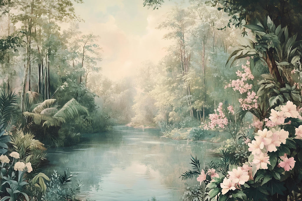 Forest River Wallpaper – Dreamy Nature Wall Mural with Flowers Jungle Landscape for Nursery Kids Room Living Room Stylish Bold 3D Wall Décor