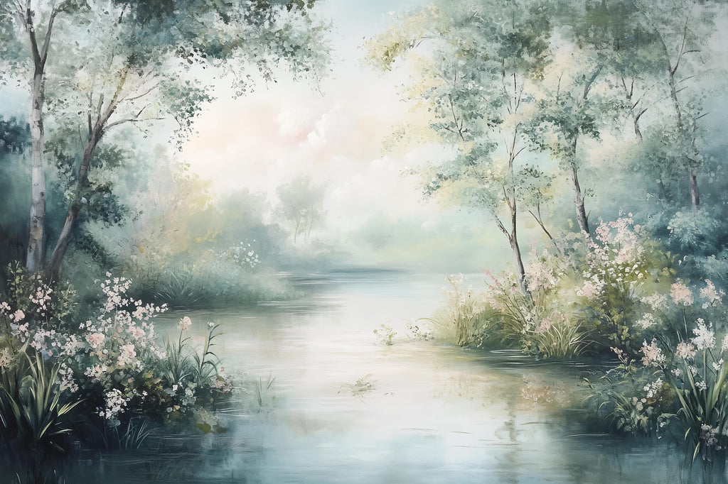 Misty River Forest Wallpaper – Dreamy Floral Landscape Wall Mural Stylish Nature 3D Wallpaper for Modern Bold Room Décor Holiday Gift Wall