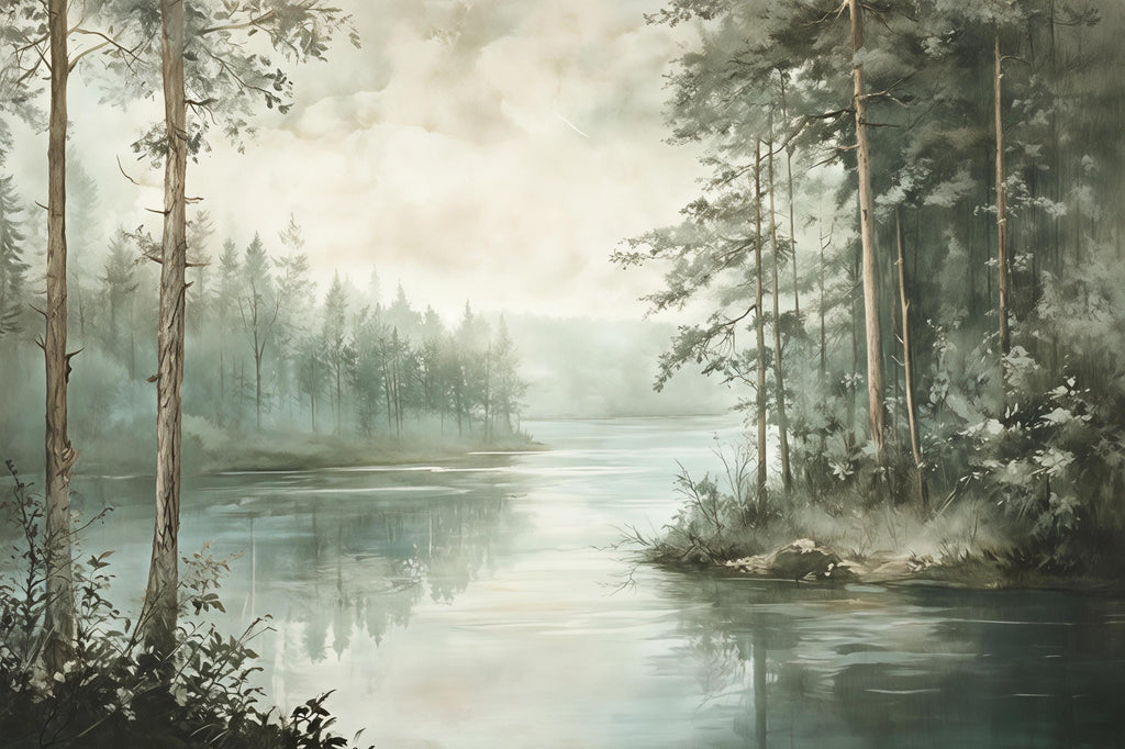 Misty Pine Forest Wallpaper – Serene Lake View Wall Mural for Nursery Bedroom Living Room Stylish Nature 3D Wallpaper Modern Bold Décor Gift