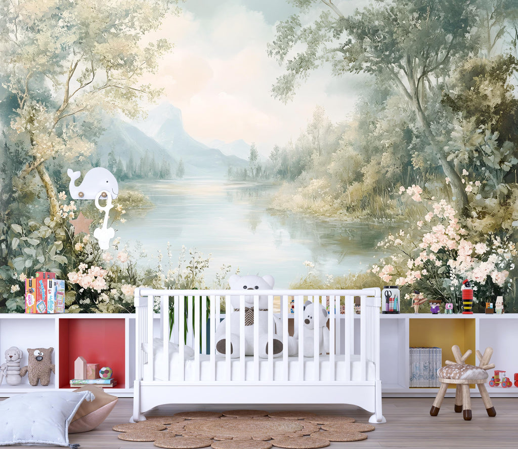Mountain Lake Wallpaper Mural – Serene Landscape Wall Art for Nursery Bedroom Living Room Stylish 3D Nature Wallpaper Bold Modern Wall Decor