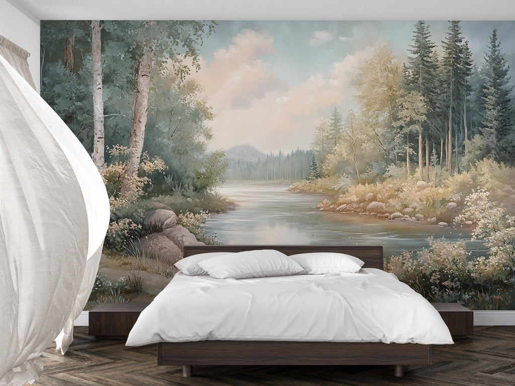 River Forest Wallpaper Mural – Peaceful Landscape Wall Art for Bedroom Nursery Living Room Stylish 3D Nature Wallpaper Bold Modern Wall