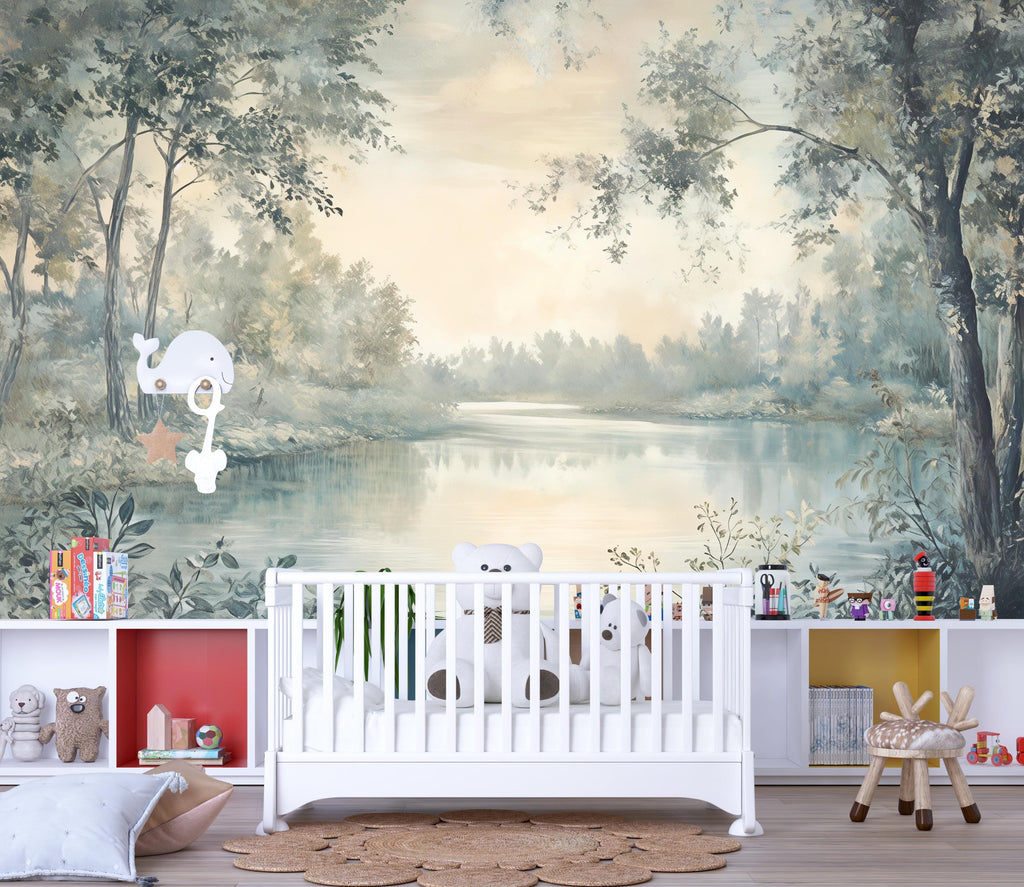 Forest River Nursery Wallpaper – Calm Landscape Wall Mural for Baby Room Bedroom Living Room Stylish 3D Nature Wallpaper Modern Bold Wall